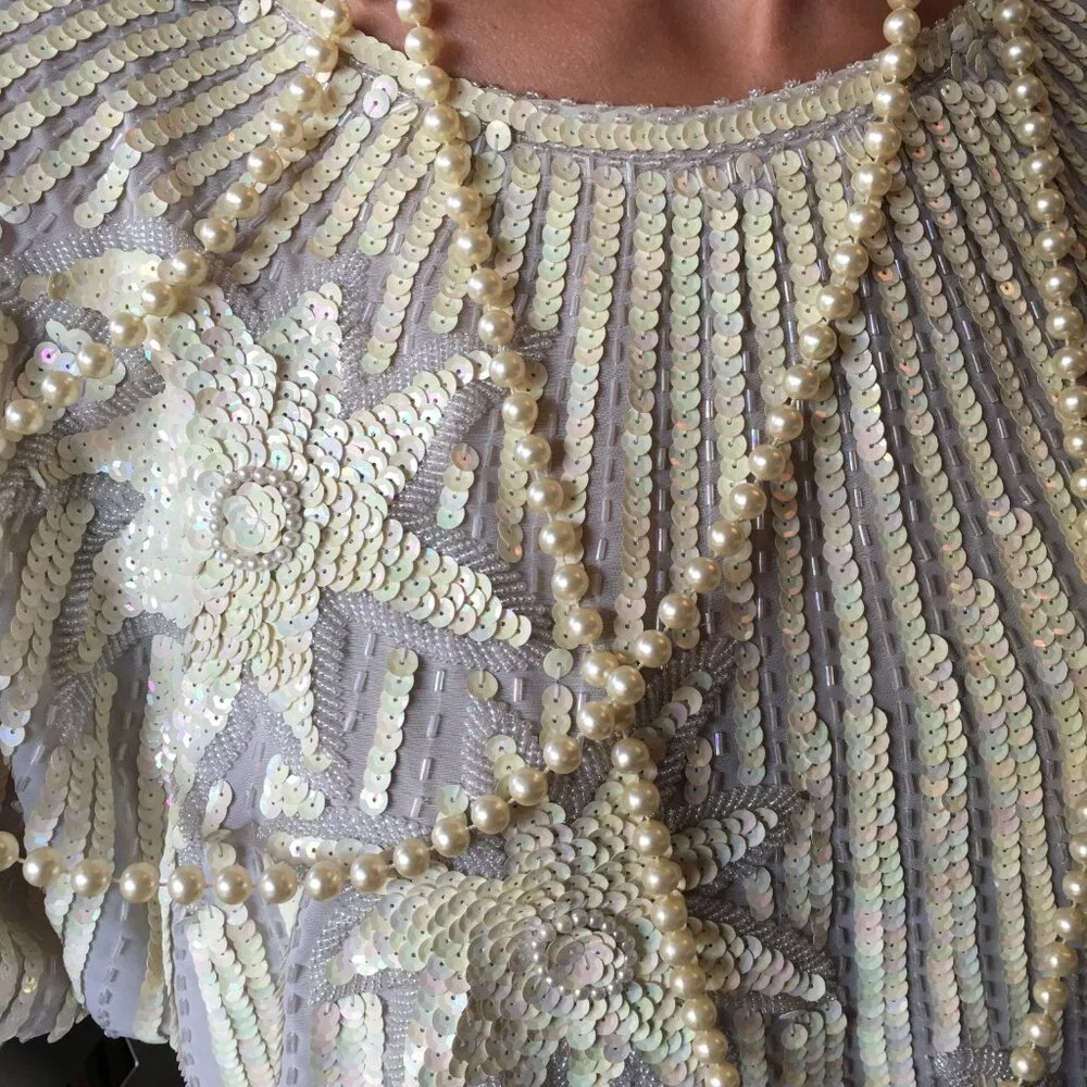 1980s Vintage Cream Sequin Chinese Silk Long Sleeve Blouse. - Picture 5 of 16